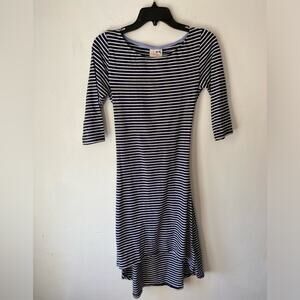 Y2K Navy White‎ Striped Bodycon Dress Sz S 3/4 Sleeve Nautical Preppy Stretch